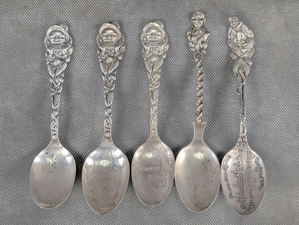 Lot 324: Antique Lot of 5 Black Americana Souvenir Spoons Sterling Silver