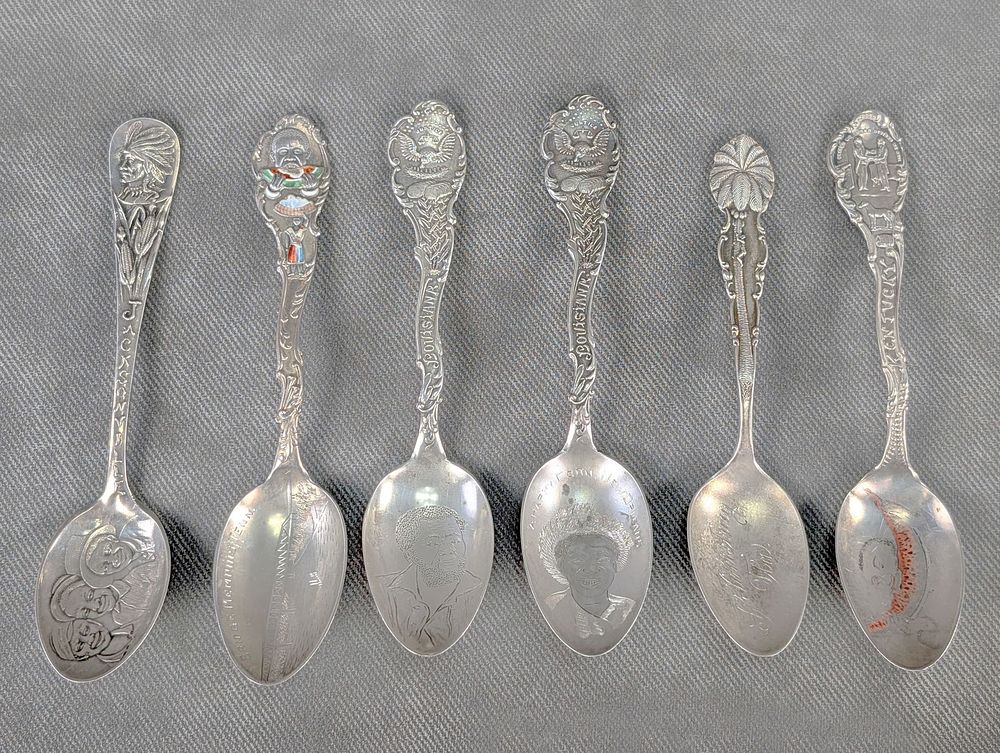Lot 325: Antique Lot of 6 Black Americana Souvenir Spoons Sterling Silver Some Enamel