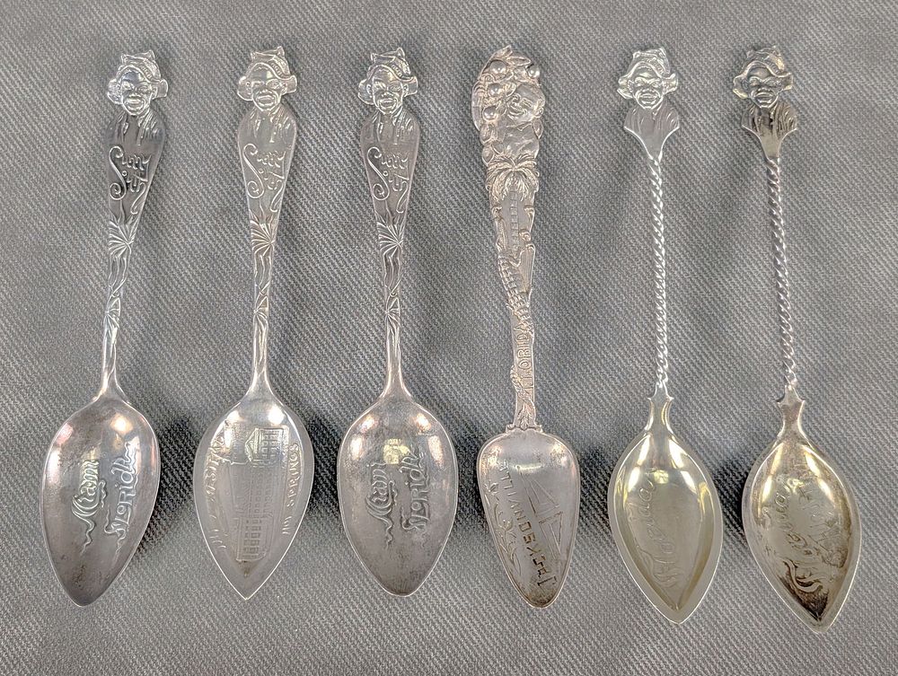 Lot 326: Antique Lot of 6 Black Americana Souvenir Spoons Sterling Silver Pointed Tea Spoons