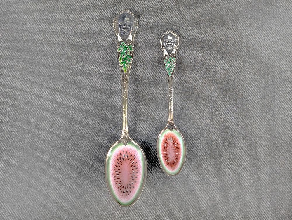 Lot 331: Antique Lot of 2 Black Americana Souvenir Spoons Sterling Silver Watermelon Enamel RARE
