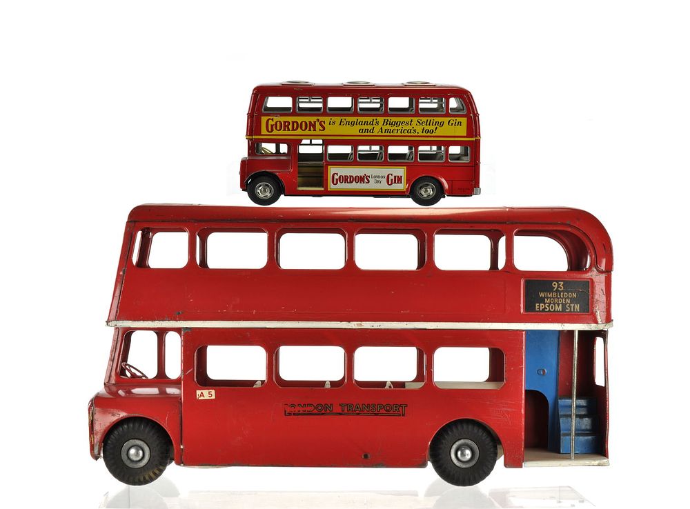 Lot 155: Triang Routemaster 50s Large Pressed Steel Toy London Transport Double Decker Bus & Gordons Gin Bus