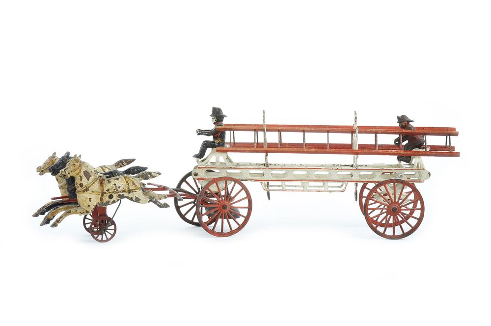 Lot 205: Wilkins Fire Ladder Truck with Three Horses Cast Iron