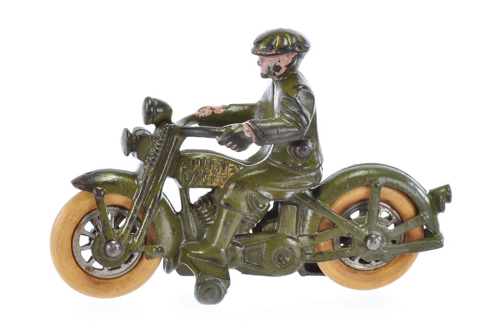 Lot 213: Olive Civilian Harley Davidson Motorcycle in Cast Iron