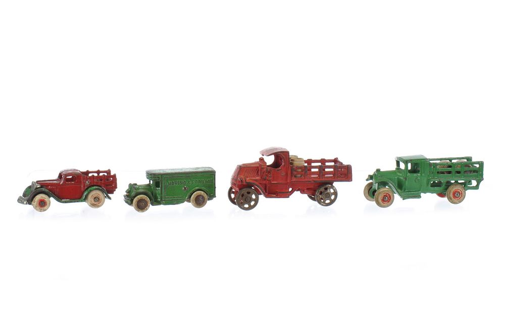 Lot 230: Arcade Chevy, House Moving, and Two Cast Iron Stake Trucks