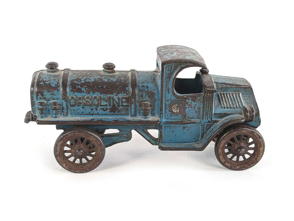Lot 285: A.C. Williams Blue Cast Iron C Cab Gasoline Tanker Truck