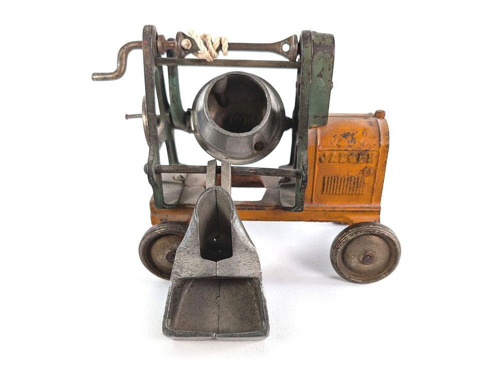 Lot 287: Kenton Orange Cast Iron Jaeger Cement Mixer w/Metal Wheels