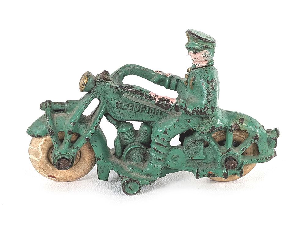 Lot 289: Champion Green Cast Iron Police Motorcycle w/Rubber Tires