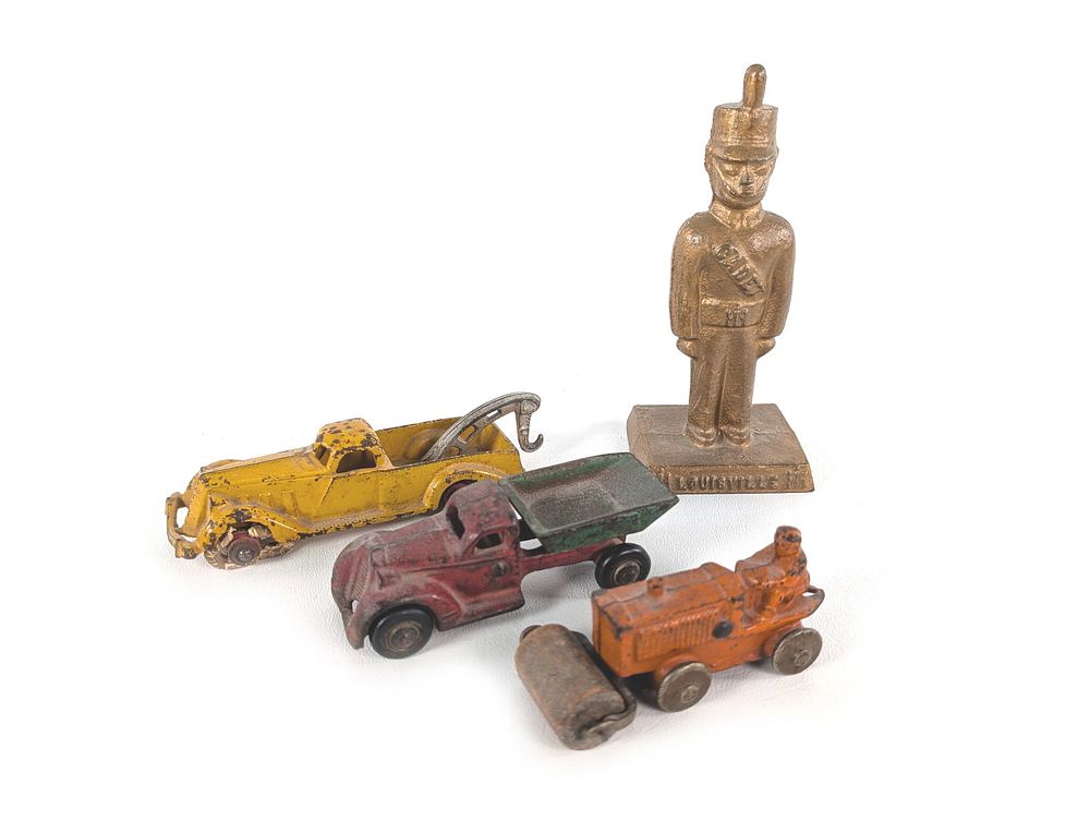 Lot 293: Kilgore Tractor & Roller, Arcade Dump, Hubley Wrecker & Cadet