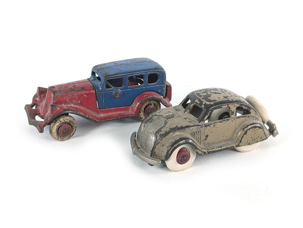 Lot 294: Pair of Hubley Cast Iron Take-A-Part Sedan & Airflow Cars w/Rubber Tires