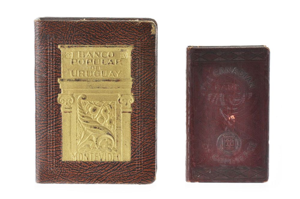 Lot 310: Set of 2 Book Banks: Banco Popular Del Uruguay & Canadian Bank of Commerce Leather Bound