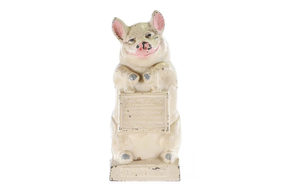 Lot 312: Hubley ca. 1930s Thrifty the Wise Pig Cast Iron Still Coin Bank
