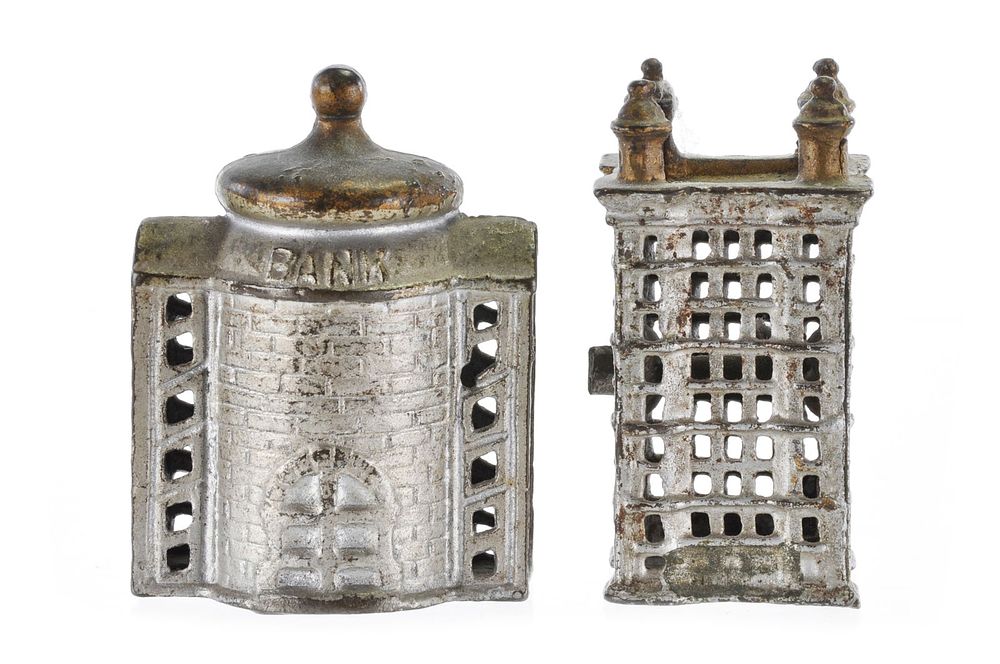 Lot 320: A.C. Williams Early 1900s Cast Iron Skyscraper & Presto Bank Still Penny Banks