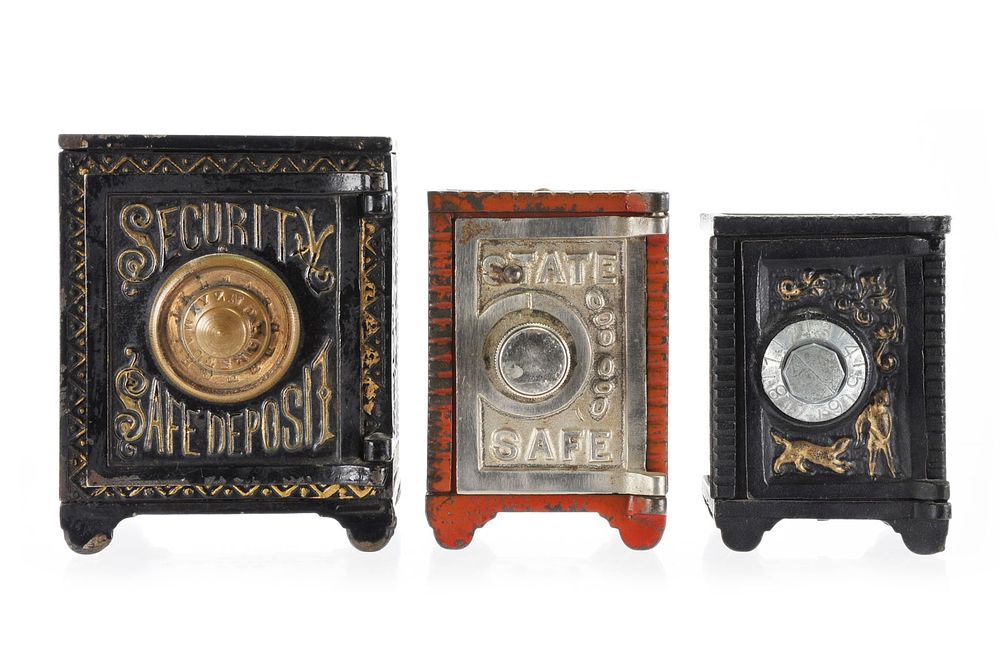 Lot 321: Set of 3 Cast Iron Safe Banks: Kyser & Rex Security Safe Deposit, State Safe, Grey Iron Boy & Dog