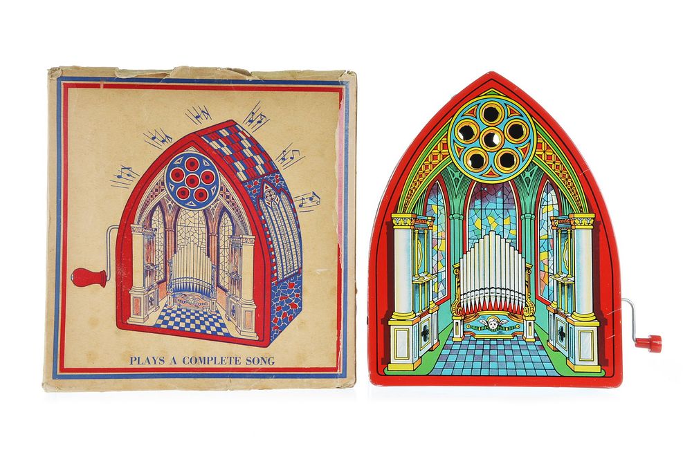Lot 352: J. Chein #131 Tin Litho Musical Cathedral in Original Box