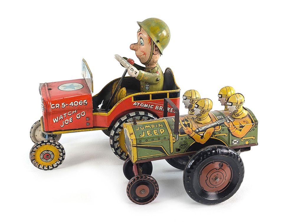 Lot 360: Louis Marx Tin Litho Windup Jumpin Jeep Works & Unique Art Tin Litho GI Joe Jeep Works