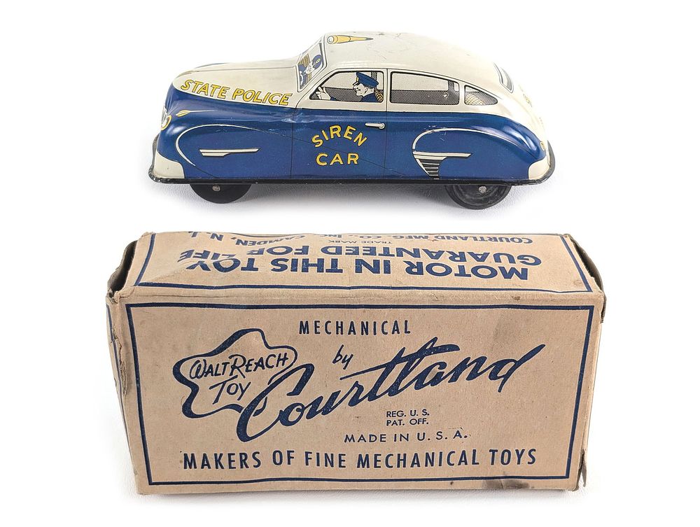 Lot 370: Walt Reach Toy by Courtland Windup Tin Litho State Police Siren Car Boxed Works