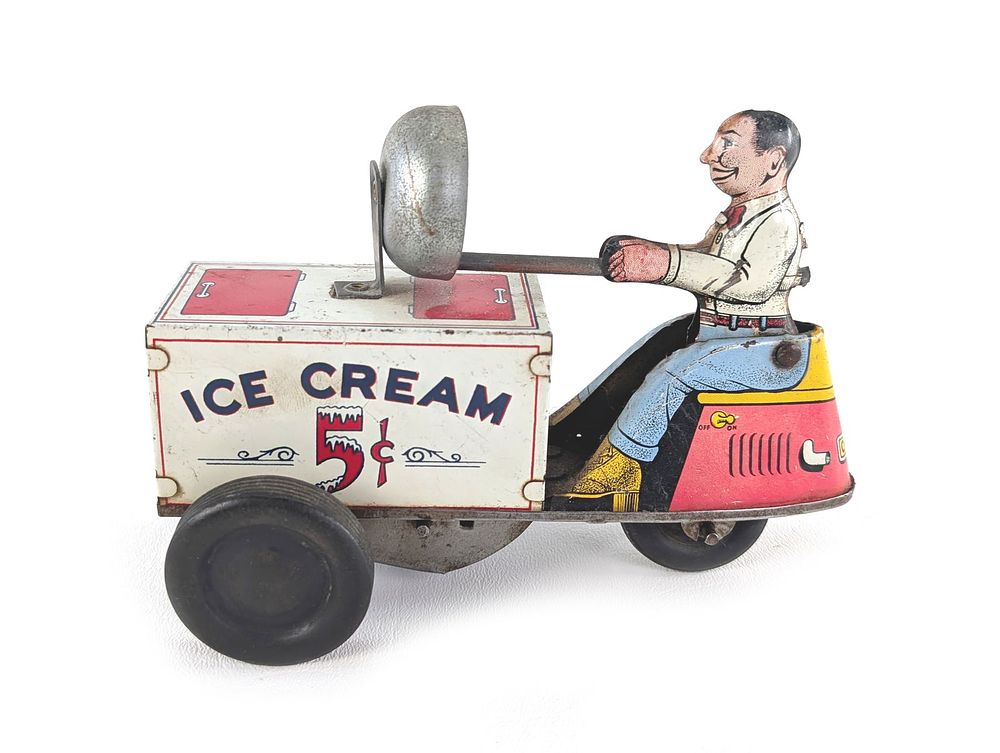 Lot 373: Walt Reach Toy by Courtland Windup Tin Litho Ice Cream Cart Works