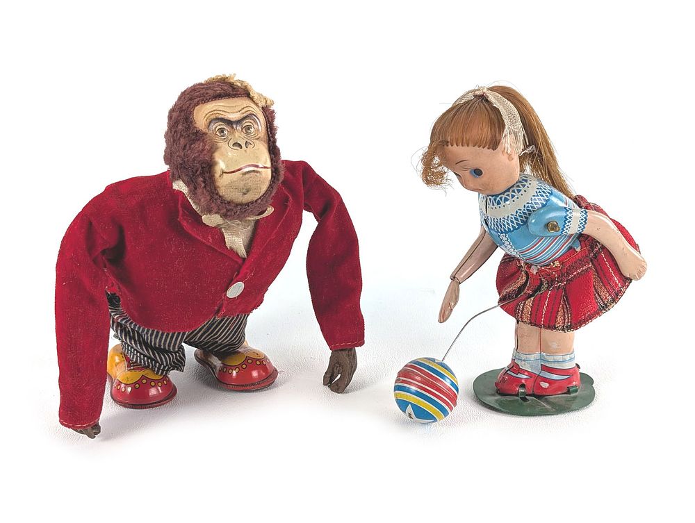 Lot 377: Pair of Tin Litho Windup MT Modern Toys Gorilla & TPS Bouncing Ball Susie Both Work