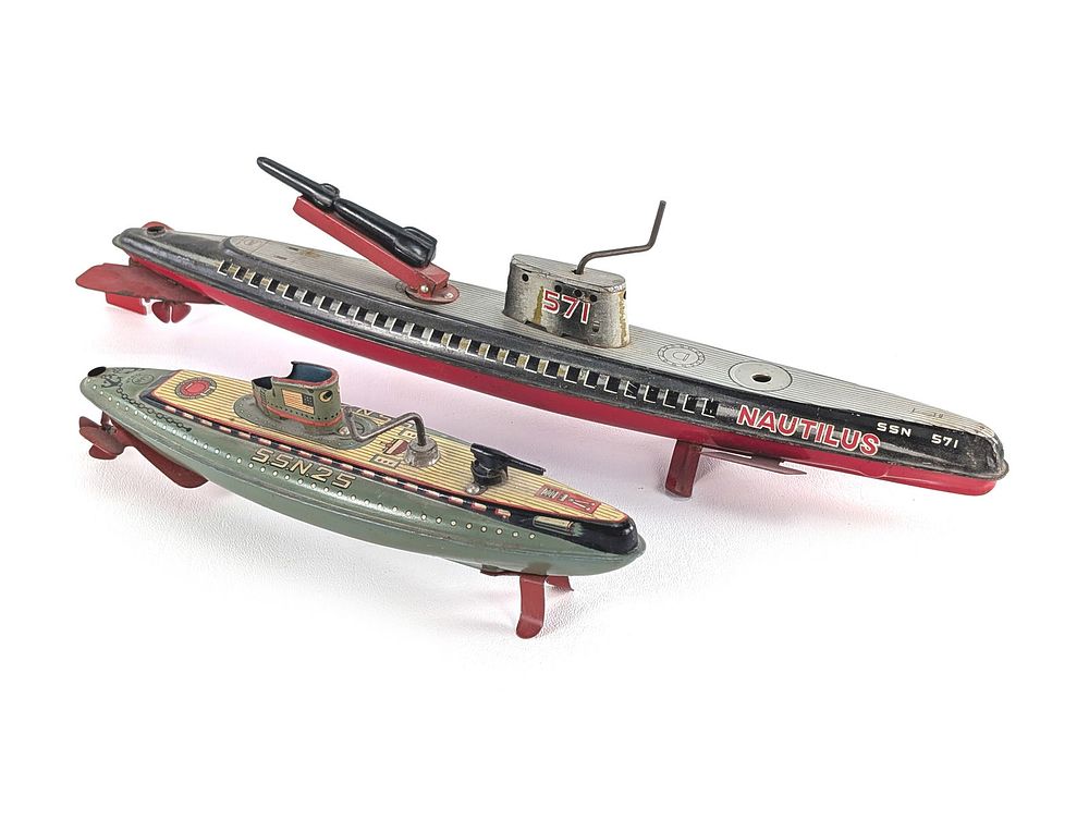 Lot 381: Pair of Japanese Tin Litho Marusan Nautilus SSN 571 & SSN 25 Submarines Works
