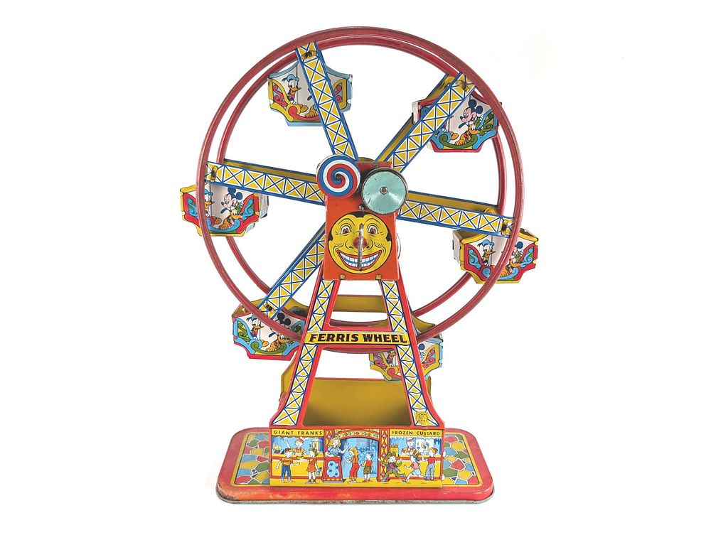 Lot 387: J. Chein Vintage Ferris Wheel Tin Toy with Disney Characters Works