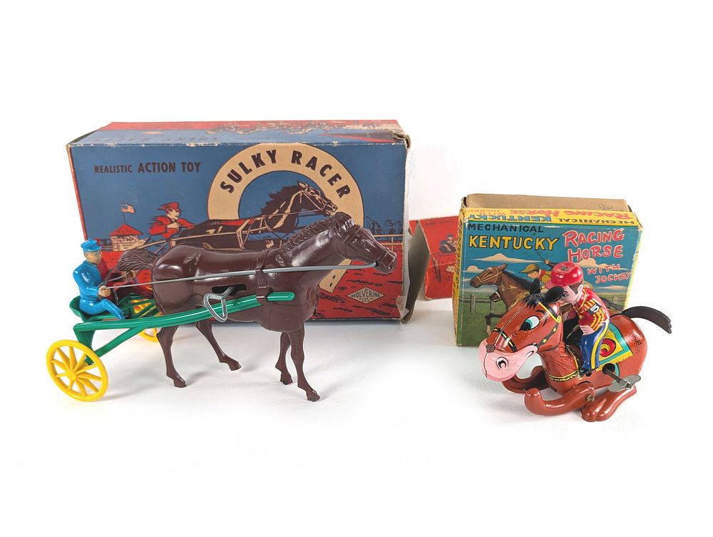Lot 393: Mikuni Japanese Tin Windup Kentucky Race Horse w/Jockey & Wolverine Sulky Racer #23 Boxed Works