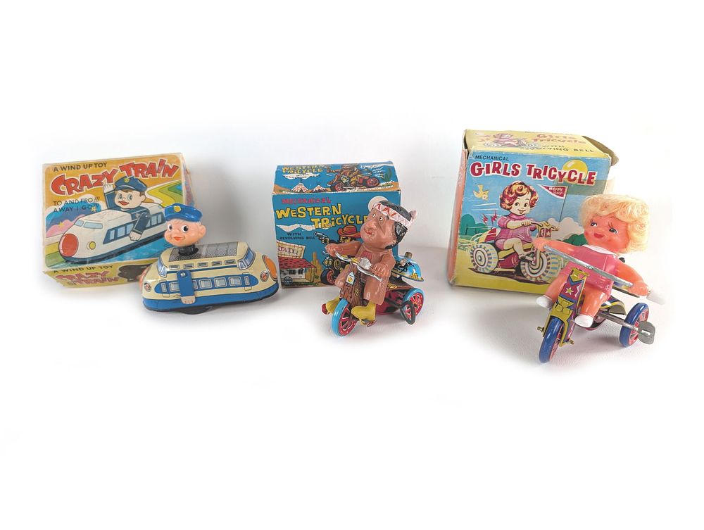 Lot 397: 2 Japanese & 1 Korea Windup Mechanical Tricycle & Crazy Train Boxed Works