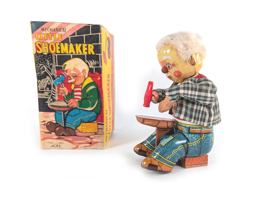 Lot 398: Japanese Alps Tin Litho & Fabric Mechanical Windup Little Shoemaker Works Boxed