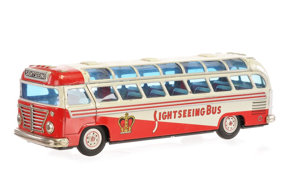 Lot 409: ALPS Sightseeing Bus in White and Red Tin Toy, Japan