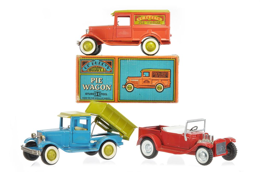 Lot 415: Buddy L Pie Wagon, Dump Truck, and Hot Rod Steel Toys