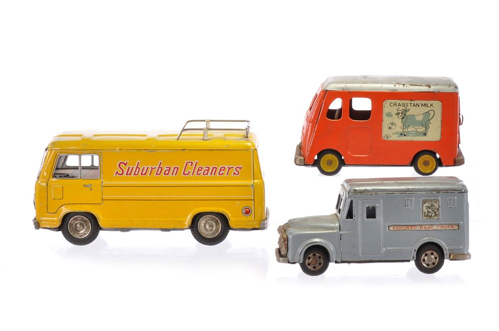 Lot 429: Urban Cleaners SAN, Armored Truck and Milk Japanese Tin Vans