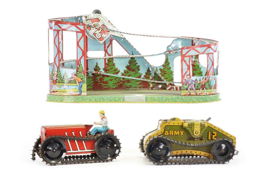 Lot 434: Marx Tin Tractor, Tank, and Chein Coaster Lot of 3