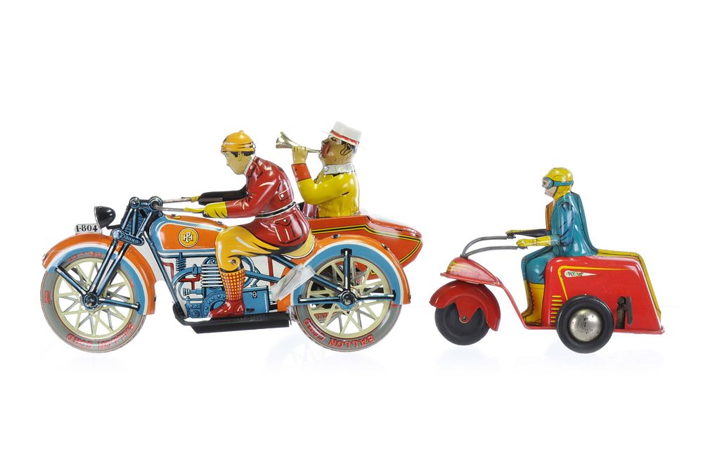 Lot 437: Motorcycle Lot of 2, Paya and Ly-Lint Tin Toys
