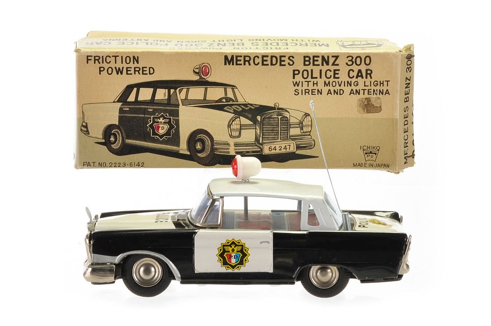 Lot 478: Ichiko Mercedes Benz 300 Police Car Japanese Tin Friction Toy Boxed