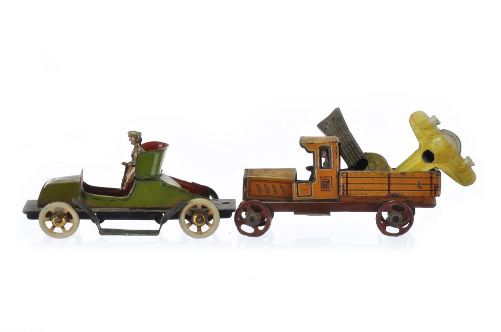 Lot 535: German Penny Toy Truck, Car, and Whistle Lot of 4
