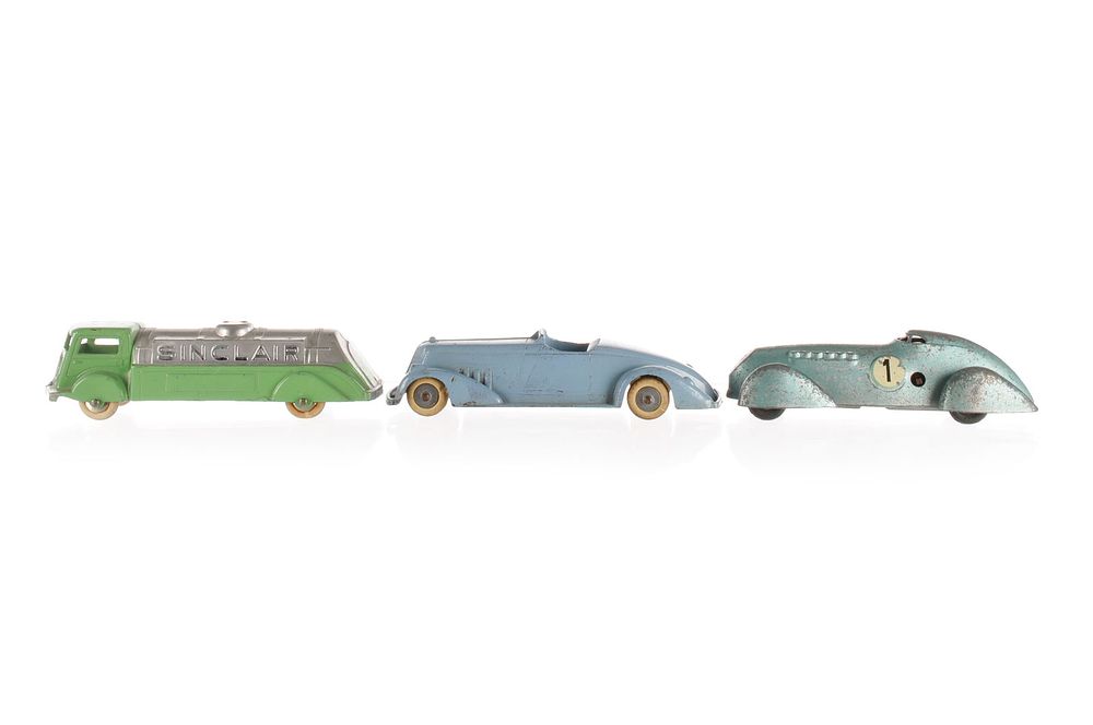 Lot 607: Sinclair Gas Truck, Tootsietoy Cord, and No. 1 Diecast Race Car