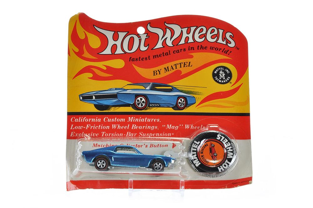 Lot 624: Carded Redline Hotwheels Blue Custom Mustang with White Interior