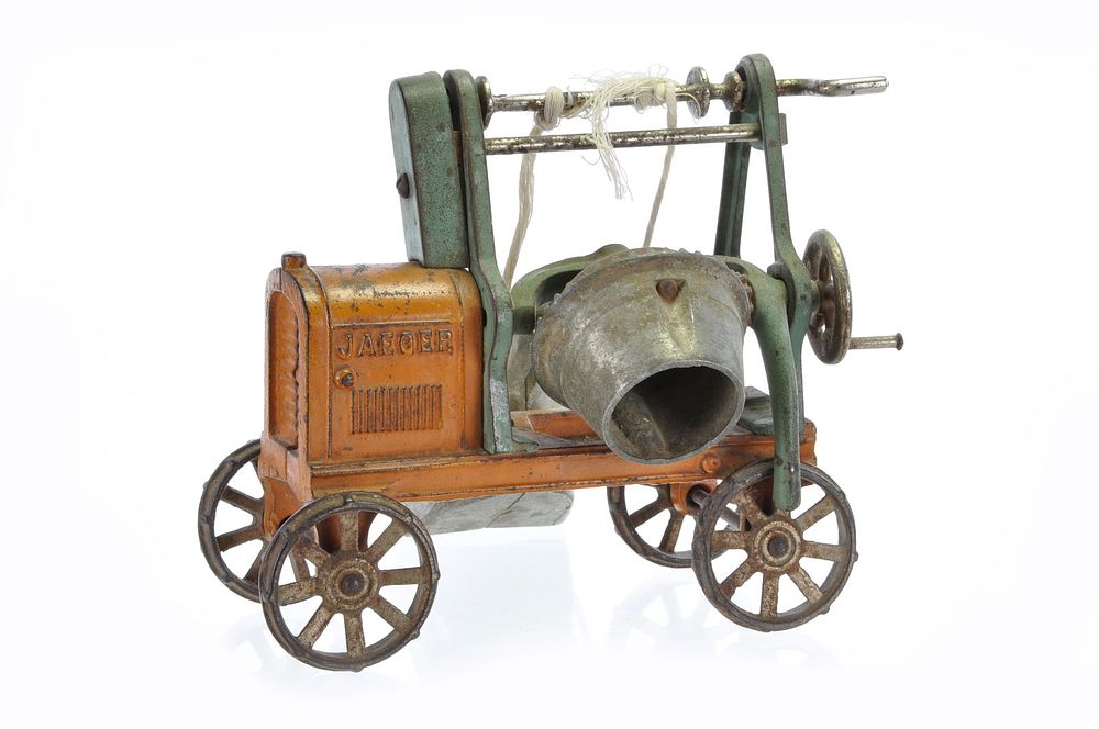 Lot 201B: Kenton Orange/Blue Cast Iron Jaeger Cement Mixer w/Metal Wheels