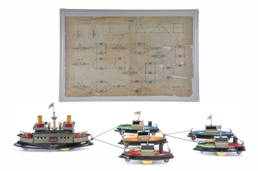 Lot 542B: JL Hess Windup US 6pc Dreadnought Flotilla w/Framed Diagram, German