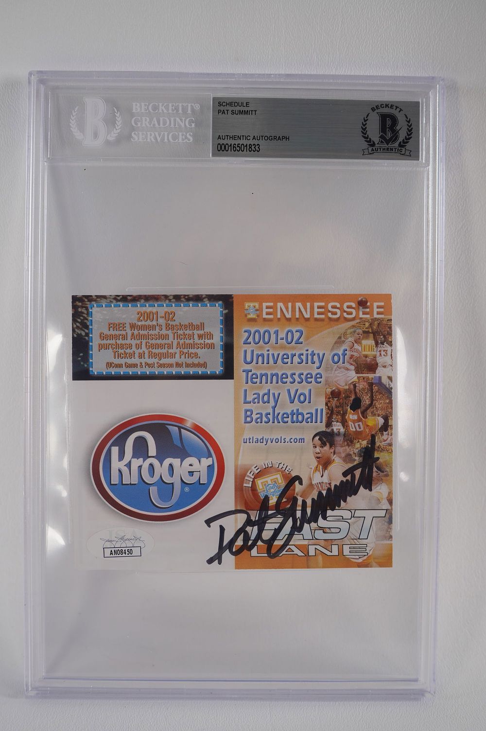 Lot 189: Pat Summitt AUTOGRAPHED Pass in Plaque Tennessee Lady Vols w/COA