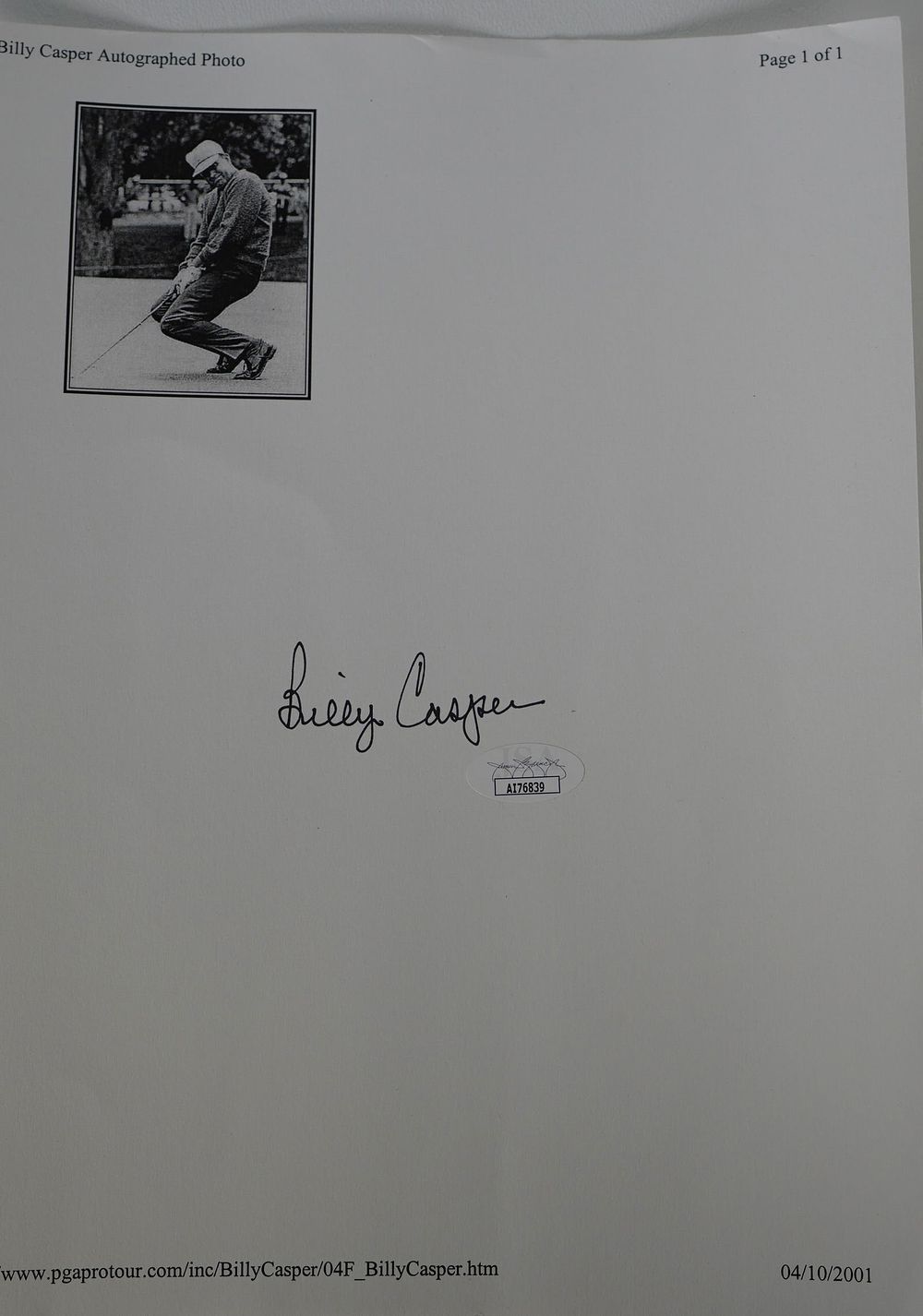 Lot 250: Billy Casper AUTOGRAPHED Hand Signed B & W Photo w/COA