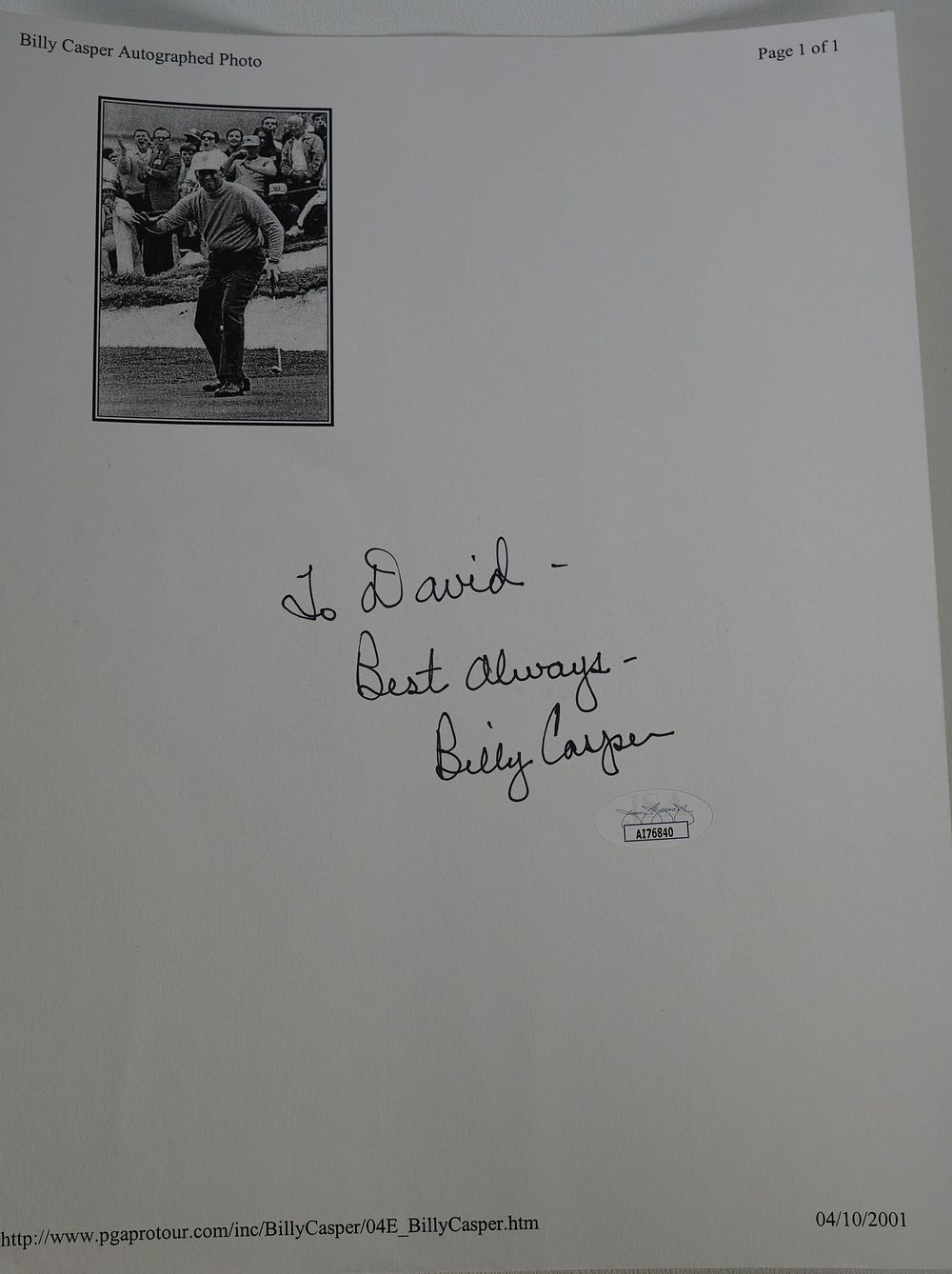 Lot 251: Billy Casper AUTOGRAPHED Hand Signed B & W Photo w/COA
