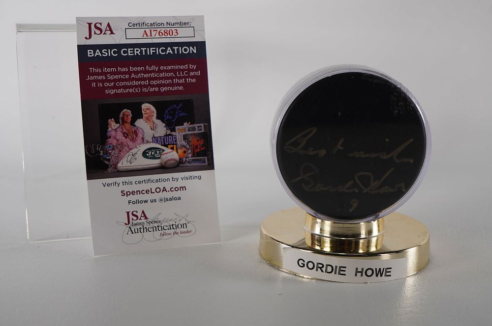 Lot 277: Gordie Howe No. 9 Detroit Red Wings AUTOGRAPHED Puck w/COA