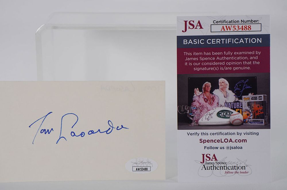 Lot 392: Tom Lasorda AUTOGRAPHED Signature Index Card w/COA