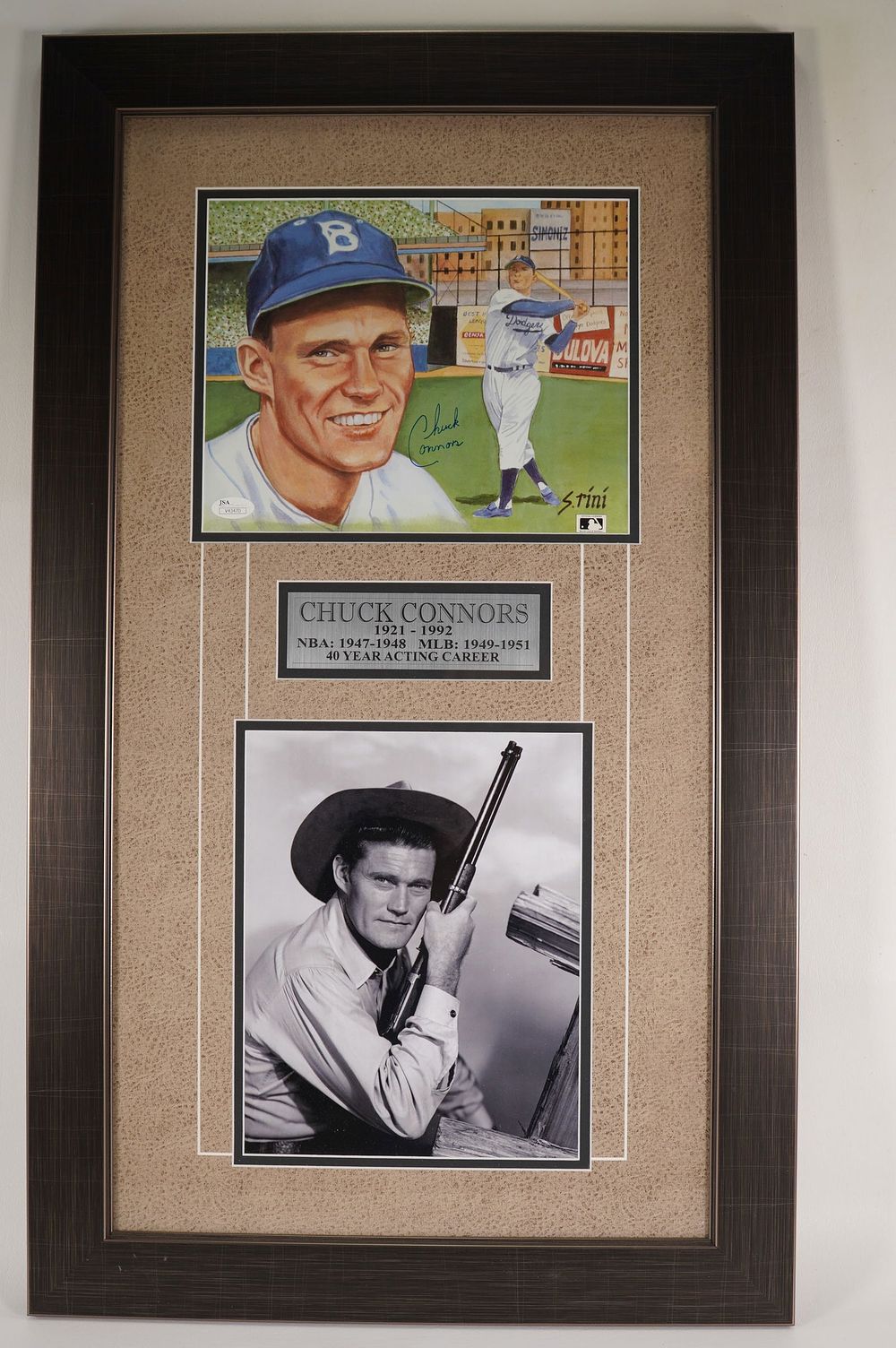 Lot 400: Chuck Connor No. 36 Brooklyn Dodgers AUTOGRAPHED Framed Color Print & B & W Photo w/COA