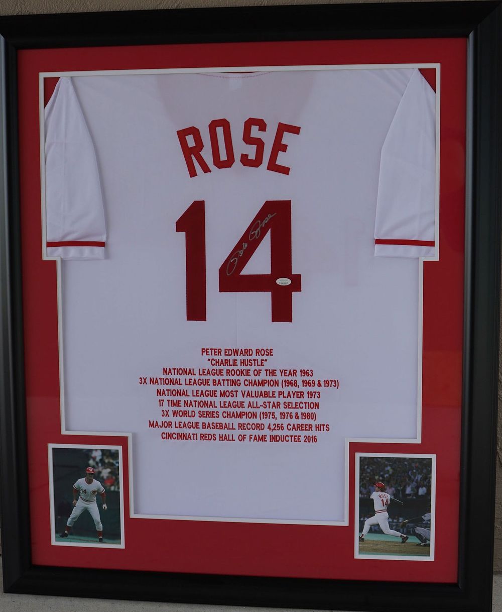 Lot 401: Pete Rose No. 14 Cincinnati Reds AUTOGRAPHED Framed Jersey & Color Photos w/COA