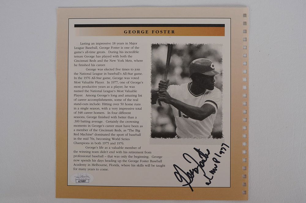 Lot 406: George Foster No. 15 Cincinnati Reds AUTOGRAPHED Bio Sheet B & W w/COA