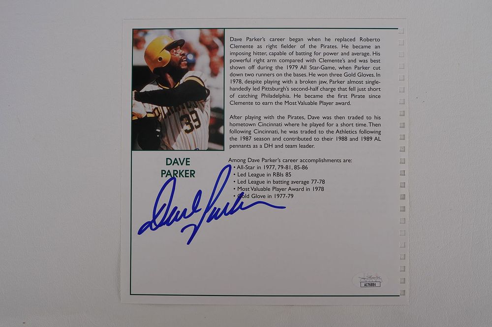 Lot 407: Dave Parker No. 39 Pittsburgh Pirates AUTOGRAPHED Bio Sheet Color w/COA