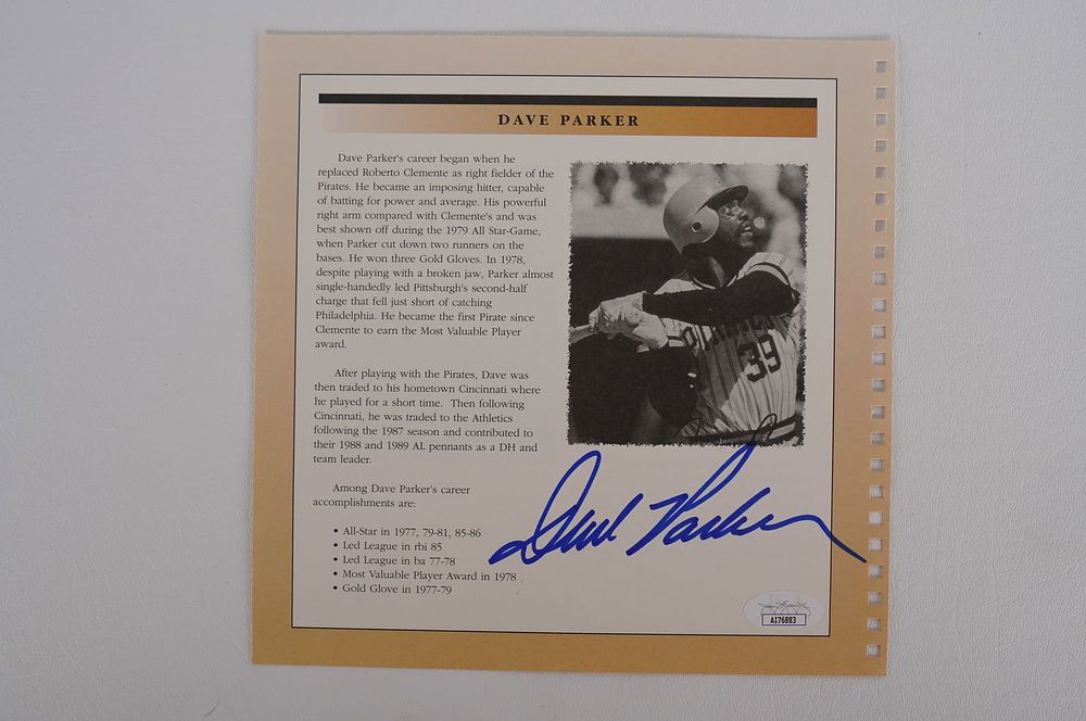 Lot 408: Dave Parker No. 39 Pittsburgh Pirates AUTOGRAPHED Bio Sheet B & W w/COA