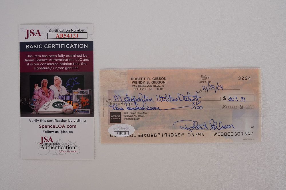 Lot 425A: Bob Gibson AUTOGRAPHED Signed Check w/COA
