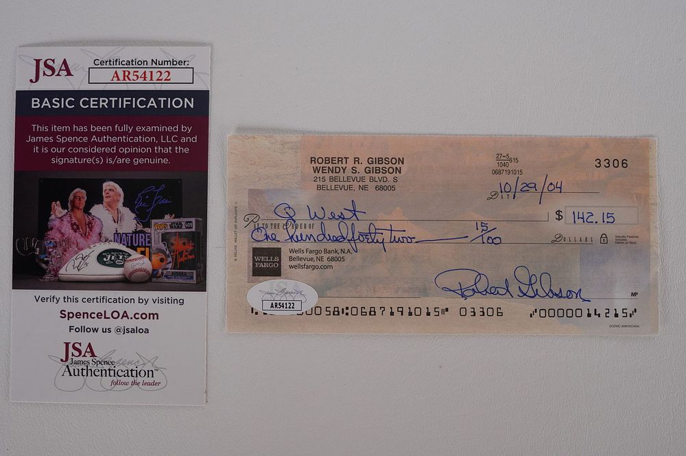 Lot 425B: Bob Gibson AUTOGRAPHED Signed Check w/COA